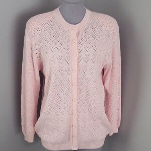 Vintage 80s Helen Harper Pink Pointelle Cardigan | Structured Shoulder | L